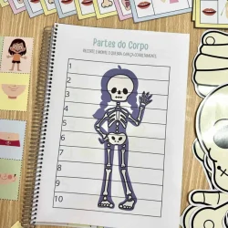Ilustração de esqueleto humano com partes do corpo para ensino.