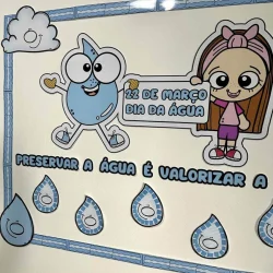 Cartaz educativo sobre o Dia da Água com personagem de desenho animado e gotas d'água.