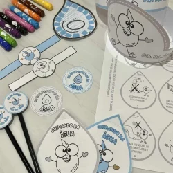 Material didático com personagens divertidos para ensinar sobre água.