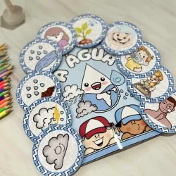 Luva musical com desenhos de água, nuvens e personagens brincando.