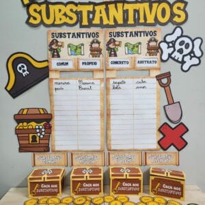 Material pedagógico interativo chamado Caça aos Substantivos, com moedas ilustrativas, baús de tesouro e cartazes para ensinar gramática de forma divertida em sala de aula.