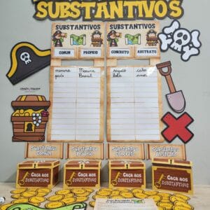 Material pedagógico interativo chamado Caça aos Substantivos, com moedas ilustrativas, baús de tesouro e cartazes para ensinar gramática de forma divertida em sala de aula.