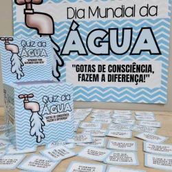 Cartaz e cartões de quiz sobre o Dia Mundial da Água para conscientização.