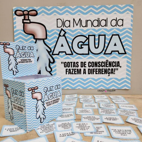Material educativo sobre o Dia Mundial da Água com perguntas e frases relacionadas à água.
