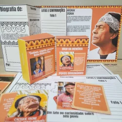 Jogo da memória sobre Povos Originários com imagens e informações culturais.