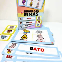 Jogo de bingo com palavras que rimam, como gato, pato, elefante.