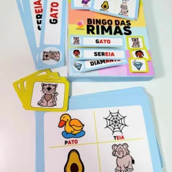 Jogo de bingo com palavras que rimam para crianças aprenderem rimas.