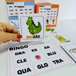 Jogo educativo de bingo com sílabas complexas para crianças.