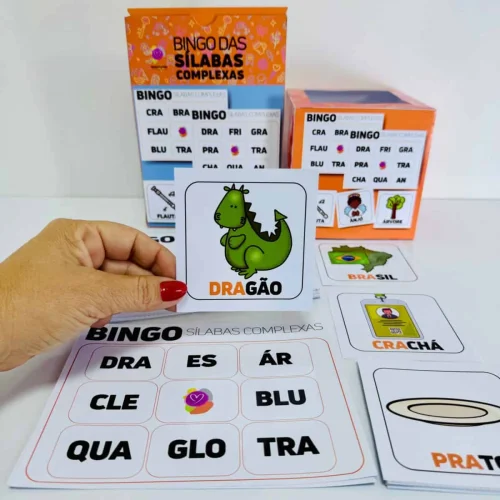 Jogo educativo de bingo com sílabas complexas para crianças.