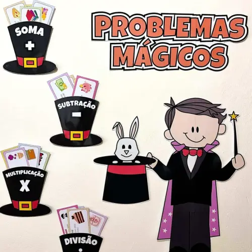 Ilustração de mágicas com cartas e um mágico infantil.
