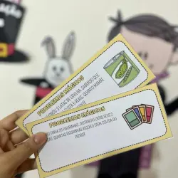 Cartas de problemas mágicos para atividades educativas infantis.