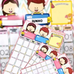 Calendário de parede infantil com personagens divertidos e espaço para marcar datas importantes.