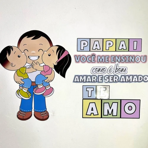 Desenho de pai e filhos com mensagem de amor e gratidão.