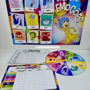 Imagem ilustrativa do material Stop das Emoções, com roleta, banner e folhas para desenvolvimento da inteligência emocional infantil.