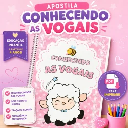 Capa de apostila para aprender vogais com ilustrações infantis.