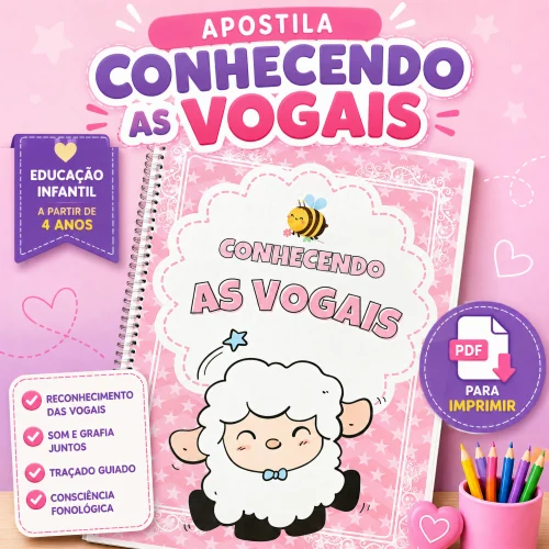 Capa de apostila para aprender vogais com ilustrações infantis.