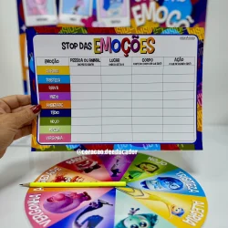 Jogo de roda com emoções e cartazes de emoções para educação emocional.