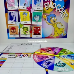 Jogo educativo sobre emoções com personagens e cores para crianças.