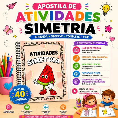 Material educativo sobre simetria para crianças com atividades e desenhos.