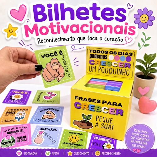 Conjunto de bilhetes motivacionais coloridos para professores e alunos.
