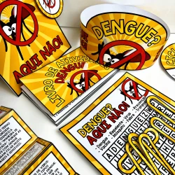 Material educativo sobre prevenção ao dengue com símbolos de proibição.