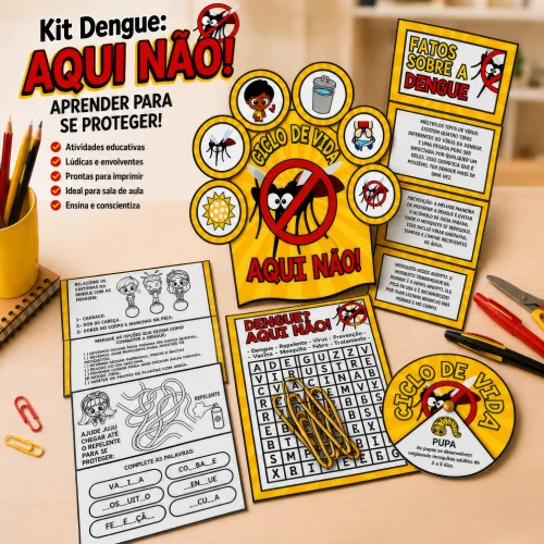 Material educativo sobre prevenção da dengue com jogos e informações.