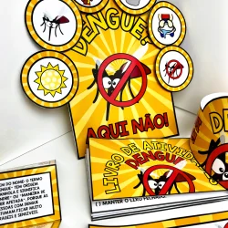 Material educativo sobre prevenção da dengue com símbolos e dicas.
