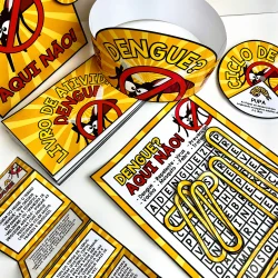 Material educativo sobre prevenção ao dengue com símbolos de proibição.