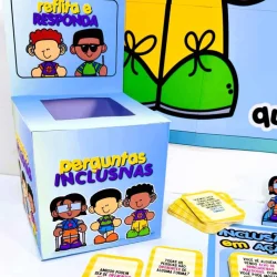 Jogo educativo sobre inclusão com crianças e perguntas.