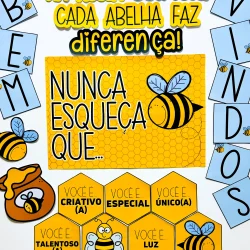Painel educativo com abelhas, mel e letras para estimular criatividade.