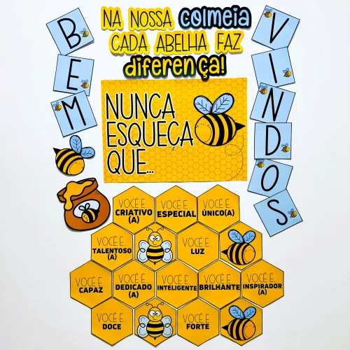 Painel com abelhas e mensagens de incentivo na pedagogia de ideias.