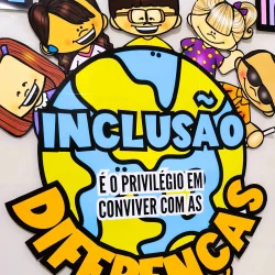 Ilustração de crianças diversas ao redor do mundo com mensagem de inclusão.