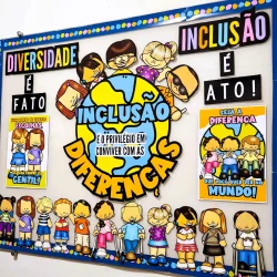 Painel escolar destacando inclusão, diversidade e respeito às diferenças.