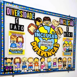 Painel de inclusão e diversidade com crianças e mensagens educativas.