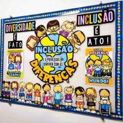 Painel com ilustrações de crianças de diferentes etnias e estilos de roupa.