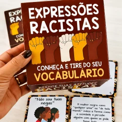 Caixa com material educativo sobre expressões racistas e vocabulário.
