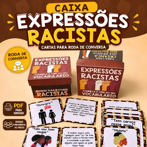 Caixa com cartas de expressões racistas para debate e conscientização.