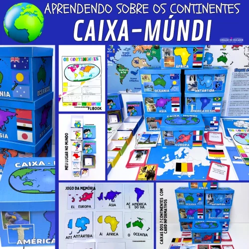 Caixa-múndi com jogos educativos sobre continentes e países.