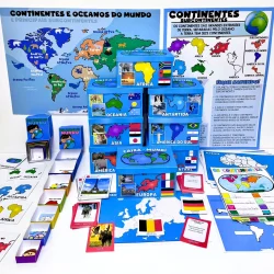 Jogo educativo de continentes e oceanos do mundo com caixa e peças coloridas.