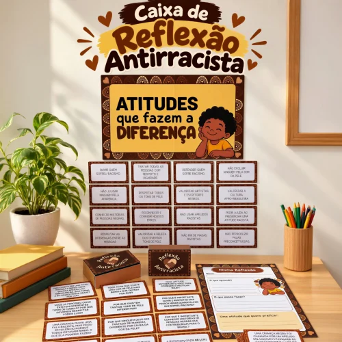 Caixa de reflexão antirracista com atitudes que fazem a diferença.