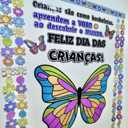 Crianças aprendem com borboletas coloridas e flores na parede.