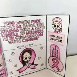 Material educativo sobre Outubro Rosa com mensagens de conscientização.