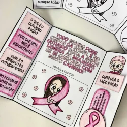 Material educativo sobre Outubro Rosa com laços e informações importantes.