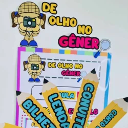 Ilustração de criança com câmera e lupa sobre tema de gênero.