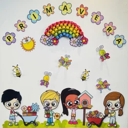Painel decorativo com crianças, borboletas, arco-íris e nuvens coloridas.
