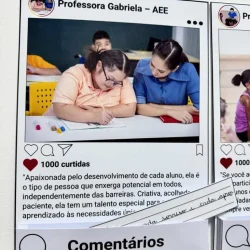 Professora Gabriela e aluna interagindo no painel interativo escolar.