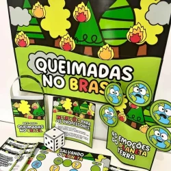 Ilustração de queimadas na floresta brasileira com árvores em chamas.
