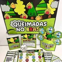 Jogo educativo sobre queimadas no Brasil com cartas e tabuleiro colorido.
