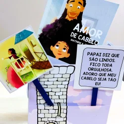 Livro infantil sobre amor e orgulho pelo cabelo com personagem de cabelo afro.
