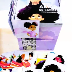 Caixa com histórias ilustradas sobre cabelo e autoestima infantil.